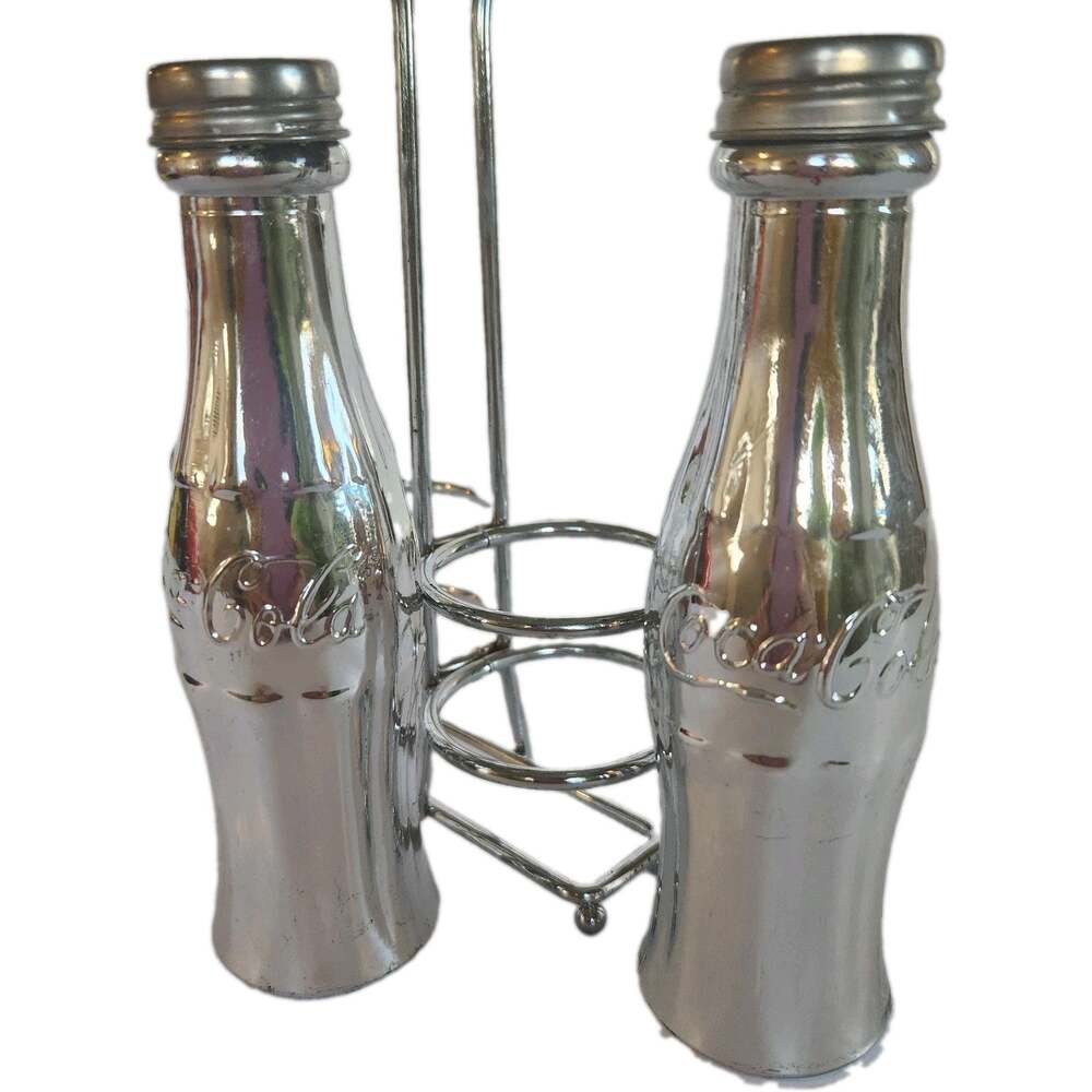 Vintage 98 Glass Diner Style Coca-Cola Bottles Salt & Pepper Shakers Caddy Set